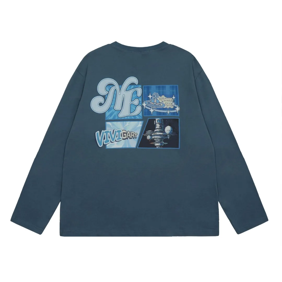 VIVI8820 vivienne west wood Vivienne American baseball style heavy industry multi-color printed Saturn long sleeves Super design sense Super practical for wearing inside and outside 200G thin base Size: S M L mint green haze blue dirty pink